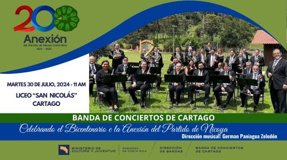 Foto de la Banda de Conciertos de Cartago con fondo de naturaleza y logotipo del bicentenario