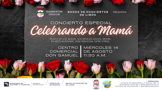 Rosas rojas y rosadas alrededor del título del concierto