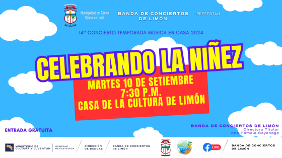 Cartel de colores con fondo de nubes anunciando el concierto para la Niñez