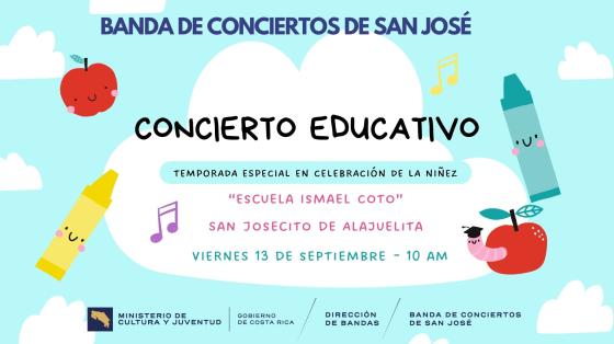 útiles escolares sonriendo entre nubes y notas musicales