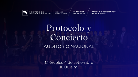 Anuncio de protocolo y concierto sobre fondo azul