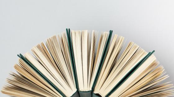 Varios libros entreabiertos vistos desde arriba