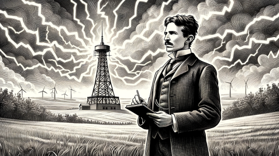 Exposición sobre el científico Nikola Tesla. Imagen en tonos grises del científico Nikola Tesla y a fondo una torre recibiendo rayos