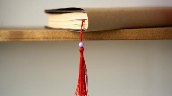 Un libro cerrado sobre una repisa de madera