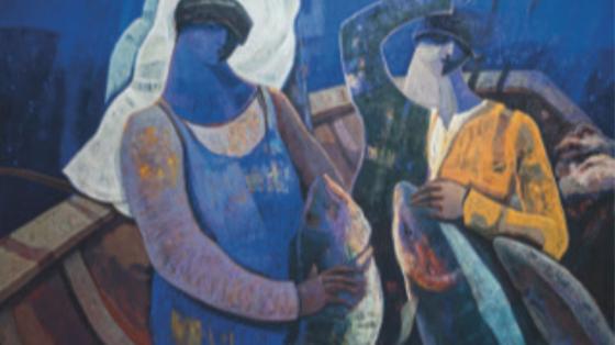 Exposión Caribe, Museo Calderón Guardia  Fotografía de obra de arte en pintura con dos imagenes de personas en colores.