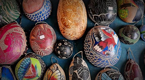 ​​​​​​De la jícara se puede hacer una gran cantidad de objetos utilitarios y decorativos, como este bolso hecho en el territorio Maleku. CICPC.