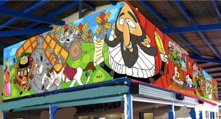 Mural DUBA. Mural de El Quijote y Sancho Panza, de Miguel de Cervantes, instalado en la Escuela Miguel de Cervantes, en Hatillo. | 4. Pantys y el Pisuicas son los dos personajes característicos de la caricatura de Francisco Munguía.