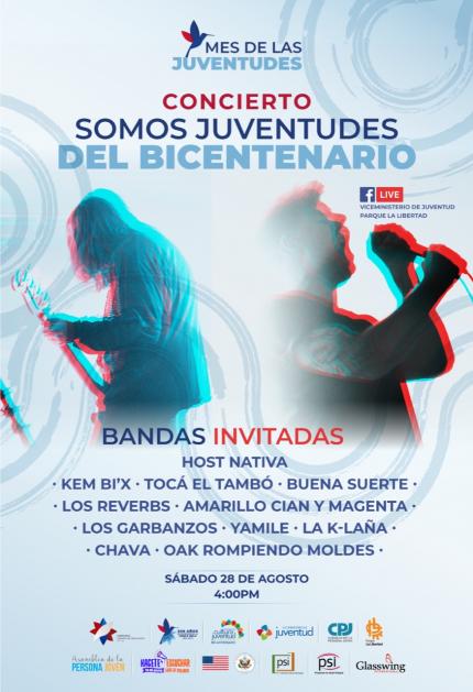 Afiche con el nombre de las Bandas que son parte del Concierto Somos Juventudes del Bicentenario