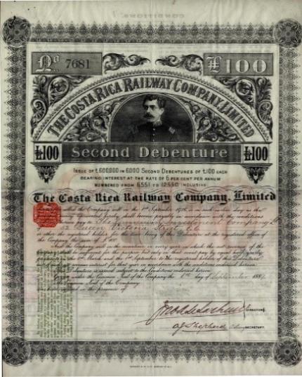 Acción The Costa Rica Railway Company, autor: The Costa Rica Railway Company, Limited. Año: 1889. Técnica: Litografía, colección: MHCJS