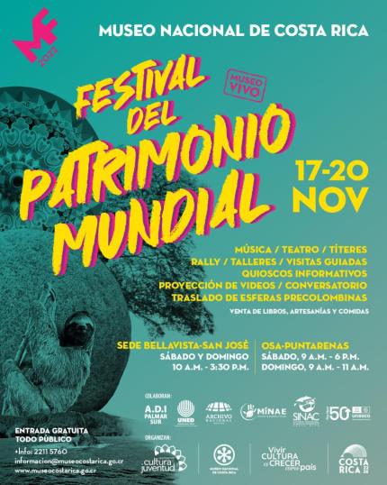 El Museo Nacional de Costa Rica celebrará el Festival del Patrimonio Mundial, del 17 al 20 de noviembre, con una agenda cargada de actividades, de manera simultánea en las sedes del Museo Nacional, en San José y en Palmar Sur de Osa. El Museo Nacional de Costa Rica celebrará el Festival del Patrimonio Mundial, del 17 al 20 de noviembre, con una agenda cargada de actividades, de manera simultánea en las sedes del Museo Nacional, en San José y en Palmar Sur de Osa.