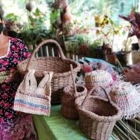 Carmen Parra Sánchez, indígena de Zapatón, Puriscal, trabaja artesanalmente cestería en varias fibras naturales como tule, estococa y chira. Por: L. López, CICPC.