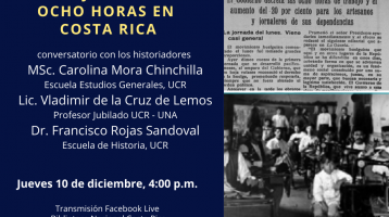 Banner con información sobre la actividad y portada del Diario de Costa Rica de hace un siglo con la noticia.
