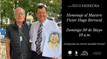 Foto de Don Víctor Hugo Berrocal sosteniendo una caricatura que le obsequiaron