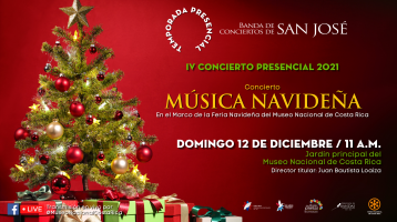 Arbolito de navidad con fondo rojo y título del concierto