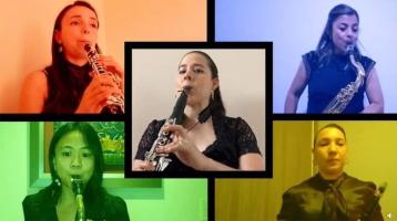 5 mujeres instrumentistas de la Banda de Heredia tocando sus instrumentos