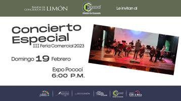 foto del ensamble de la Banda de Limón en concierto con un fondo blanco anunciando el concierto especial