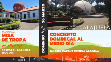 Foto de iglesia y de quiosco del parque central de Alajuela