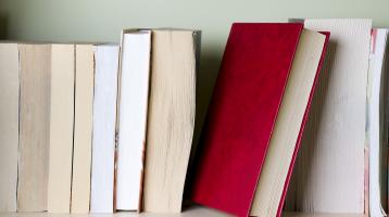Sobre fondo claro, una serie de libros ordenados verticalmente, y en la mitad resalta un libro rojo.