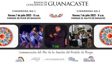 collage de fotos de la Banda de Guanacaste con adornos de colores de carretas de Guanacaste