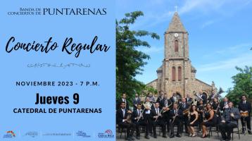 Músicos de la Banda de Puntarenas con la Catedral de fondo