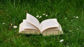Un libro abierto sobre zacate y unas florecillas blancas