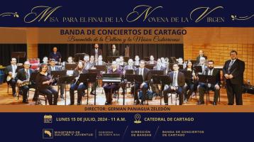 Foto de la Banda de Conciertos de Cartago en fondo azul y letras doradas