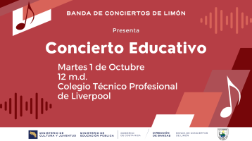 Notas musicales y figuras geométricas en colores rojizos anunciando el concierto