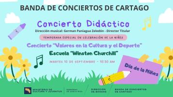 Jardin con flores y útiles escolares anunciando el concierto